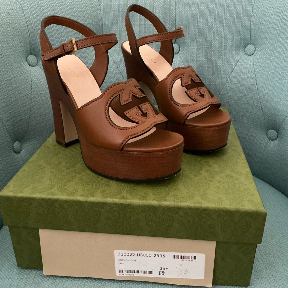 GUCCI Women 36.5 Interlocking GG Cutout Brown Platform Sandals 💯 Authentic - Picture 5 of 14